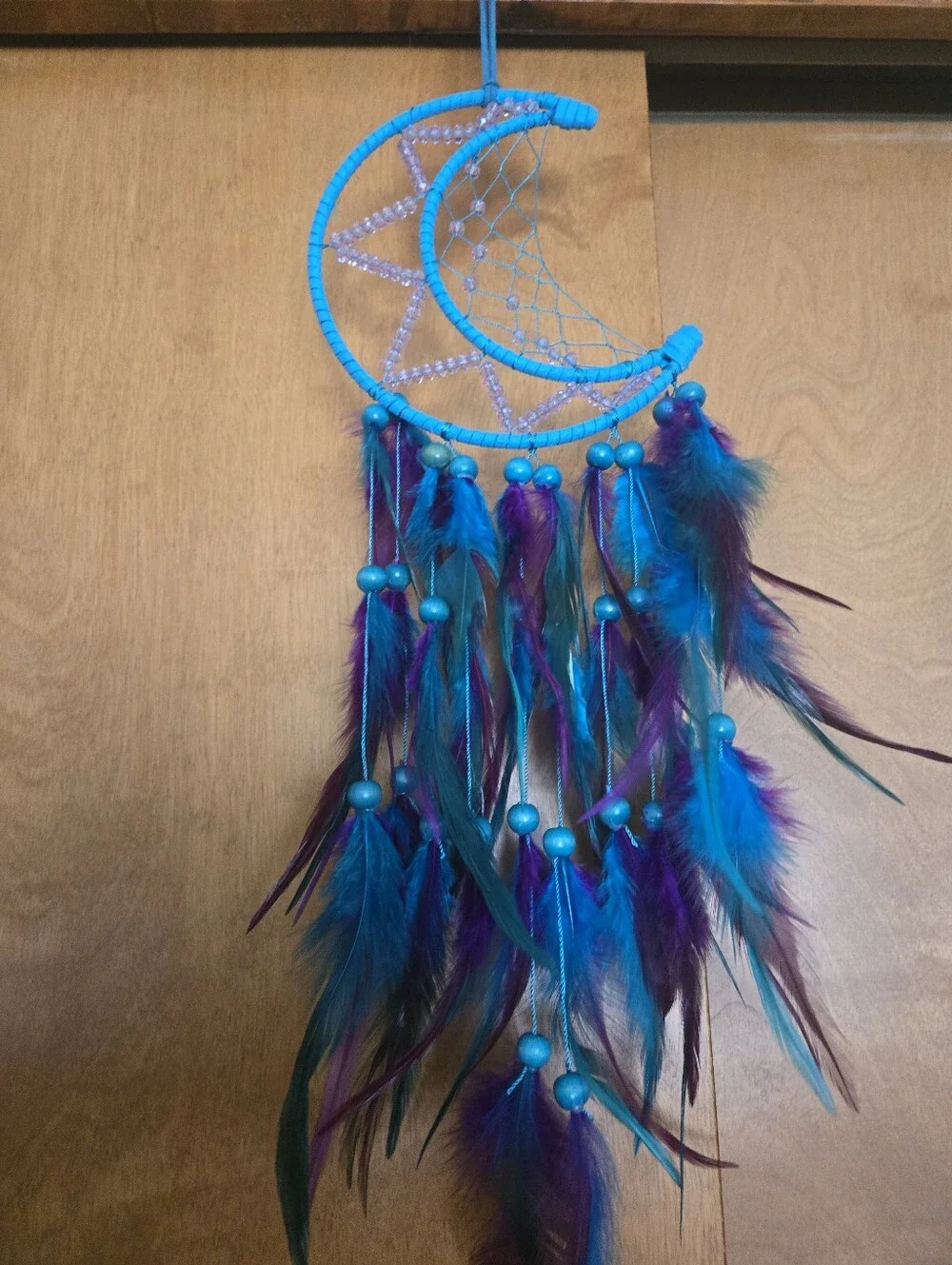 Handmade Crescent Moon Dreamcatcher – Blue Feather Boho Wall   Decor11